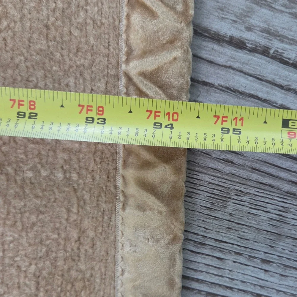 Vintage Camel Tan Wool Blend Blanket Velvet Binding Trim Oversized 94x84 Rustic